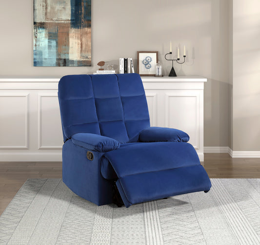 Plush navy blue velvet recliner with padded cushions and metal lever