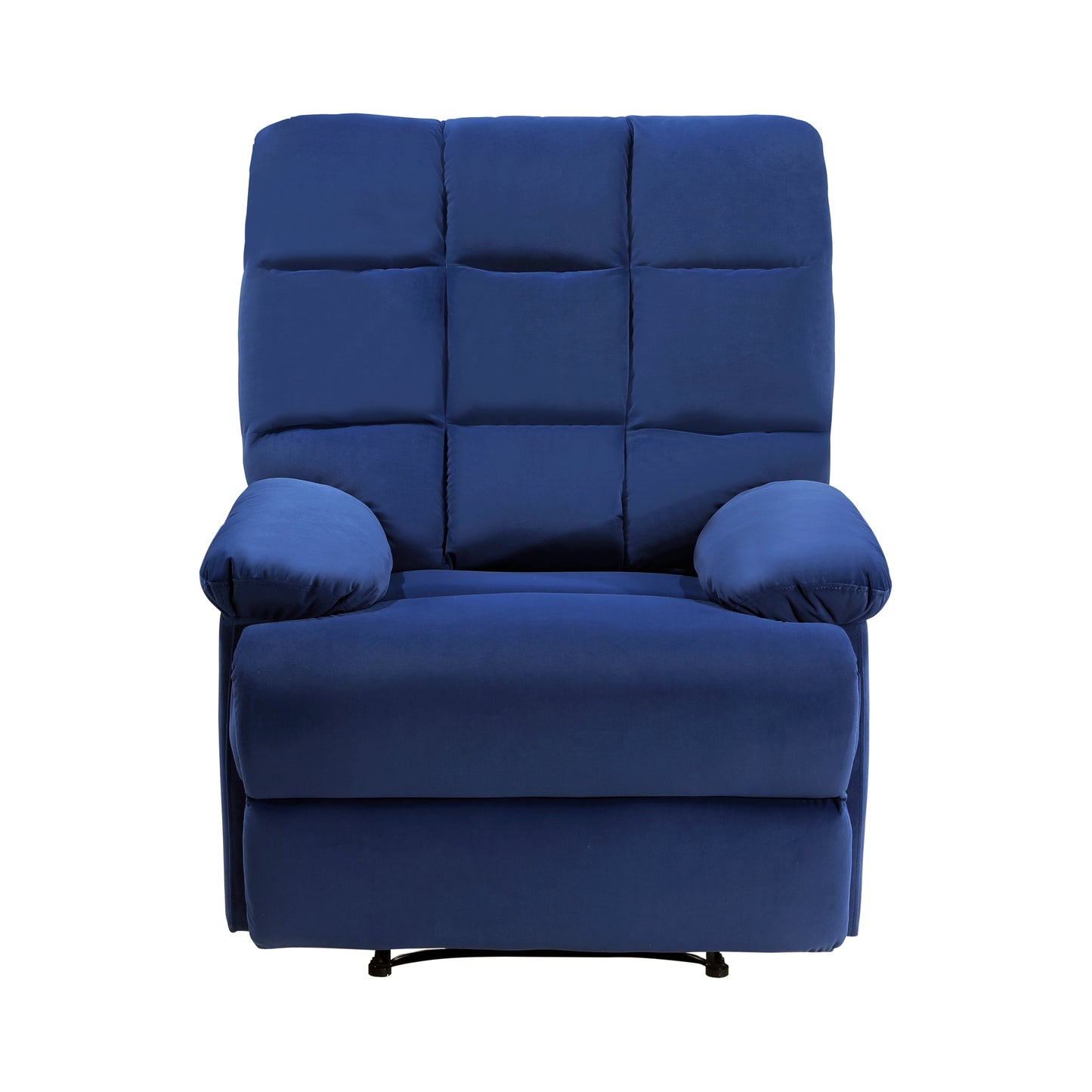 Plush blue velvet recliner chair with tufted back and padded armrests for ultimate comfort