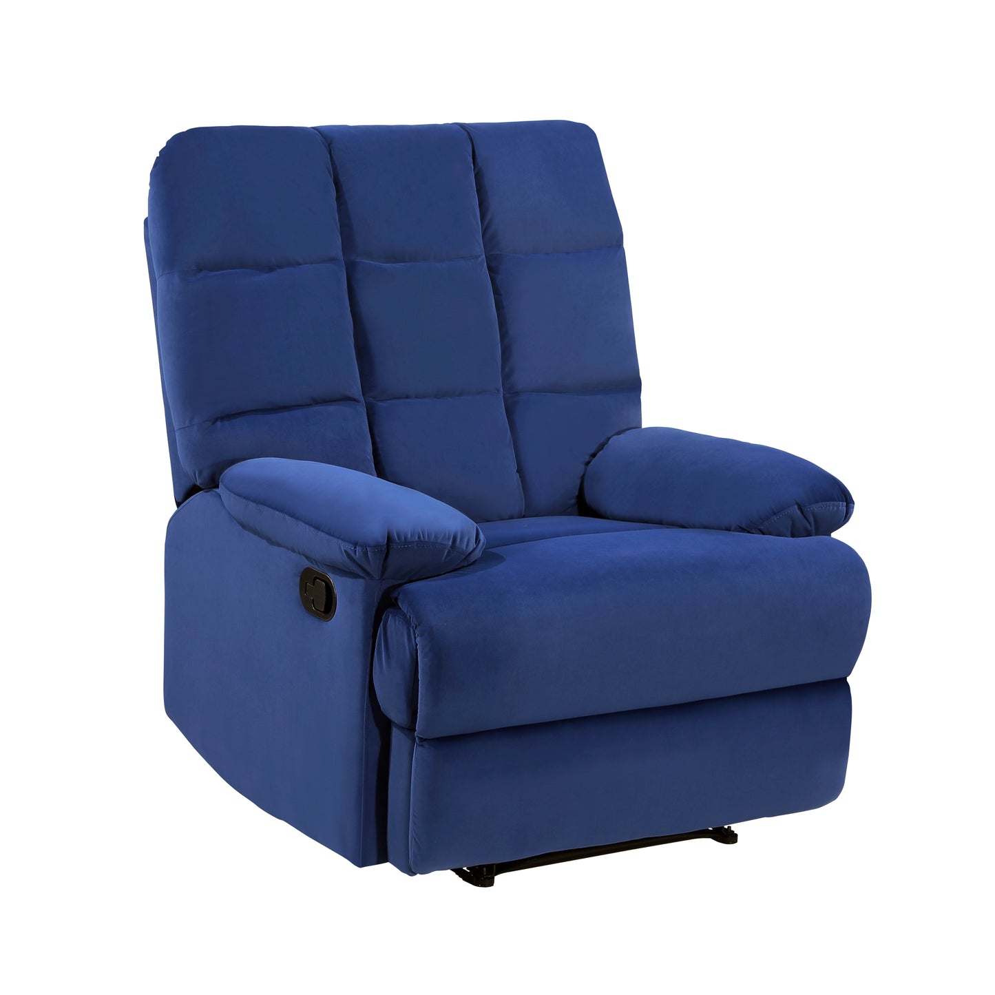 Plush blue velvet recliner chair with quilted back and padded arms for ultimate comfort
