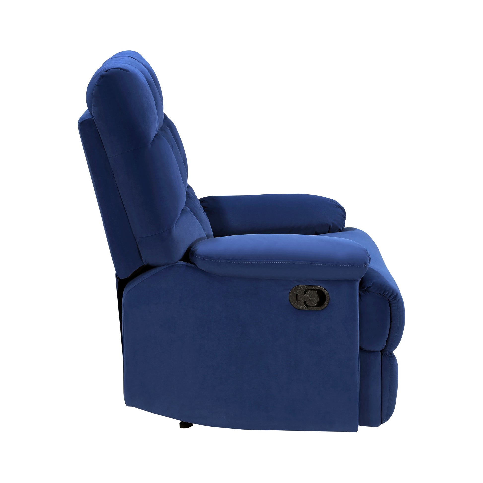 Navy blue plush fabric recliner chair with tufted back and lever mechanism for easy reclining
