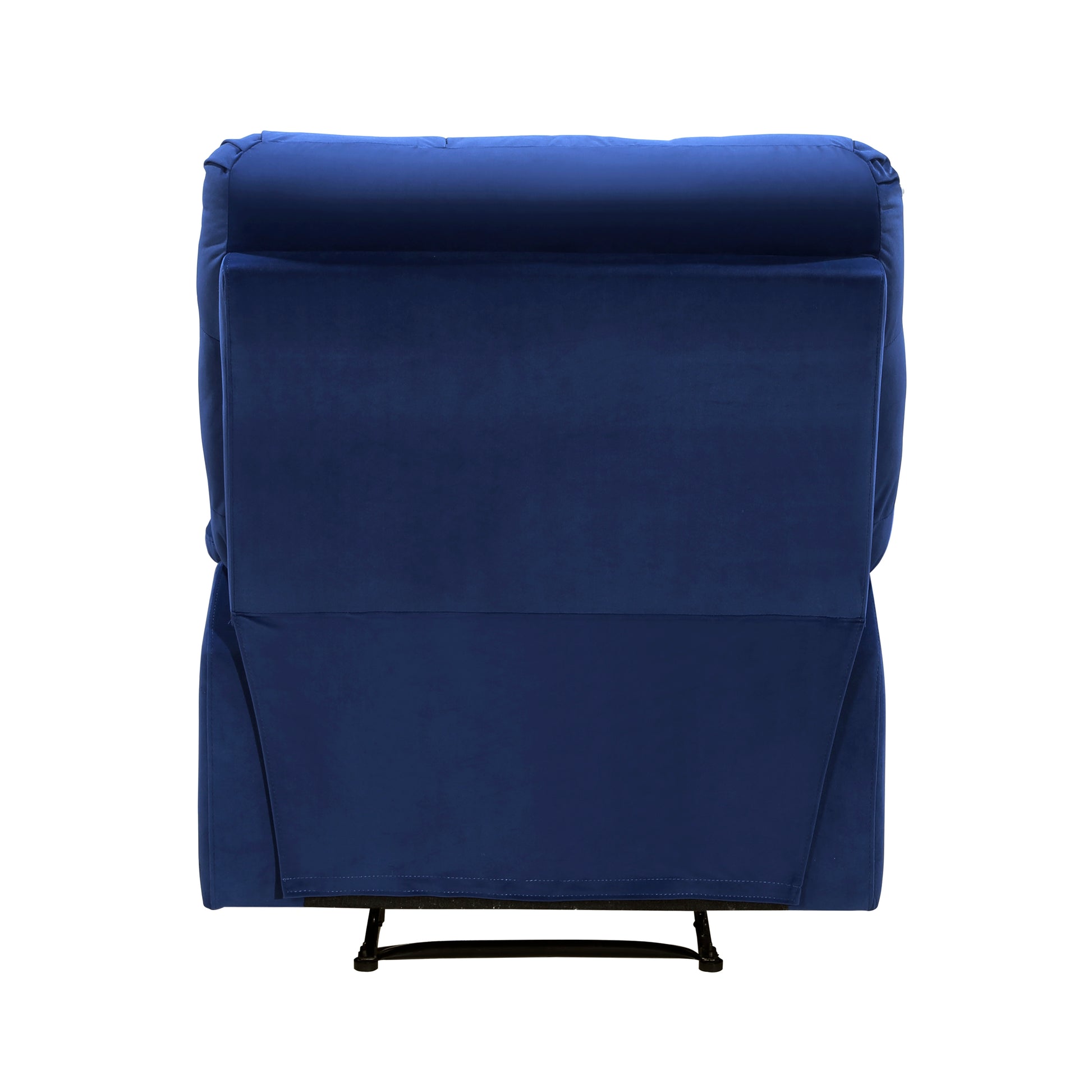 Luxurious dark blue velvet recliner chair top view of plush back and armrests