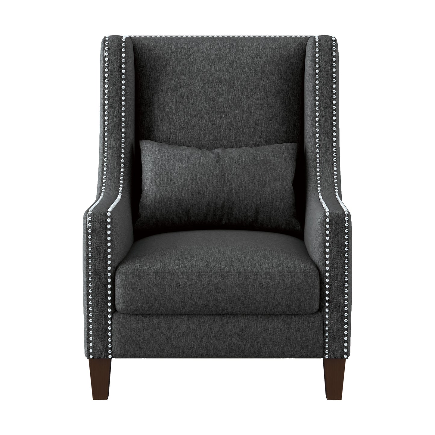 Dark gray wingback accent chair with silver nailhead trim and matching pillow