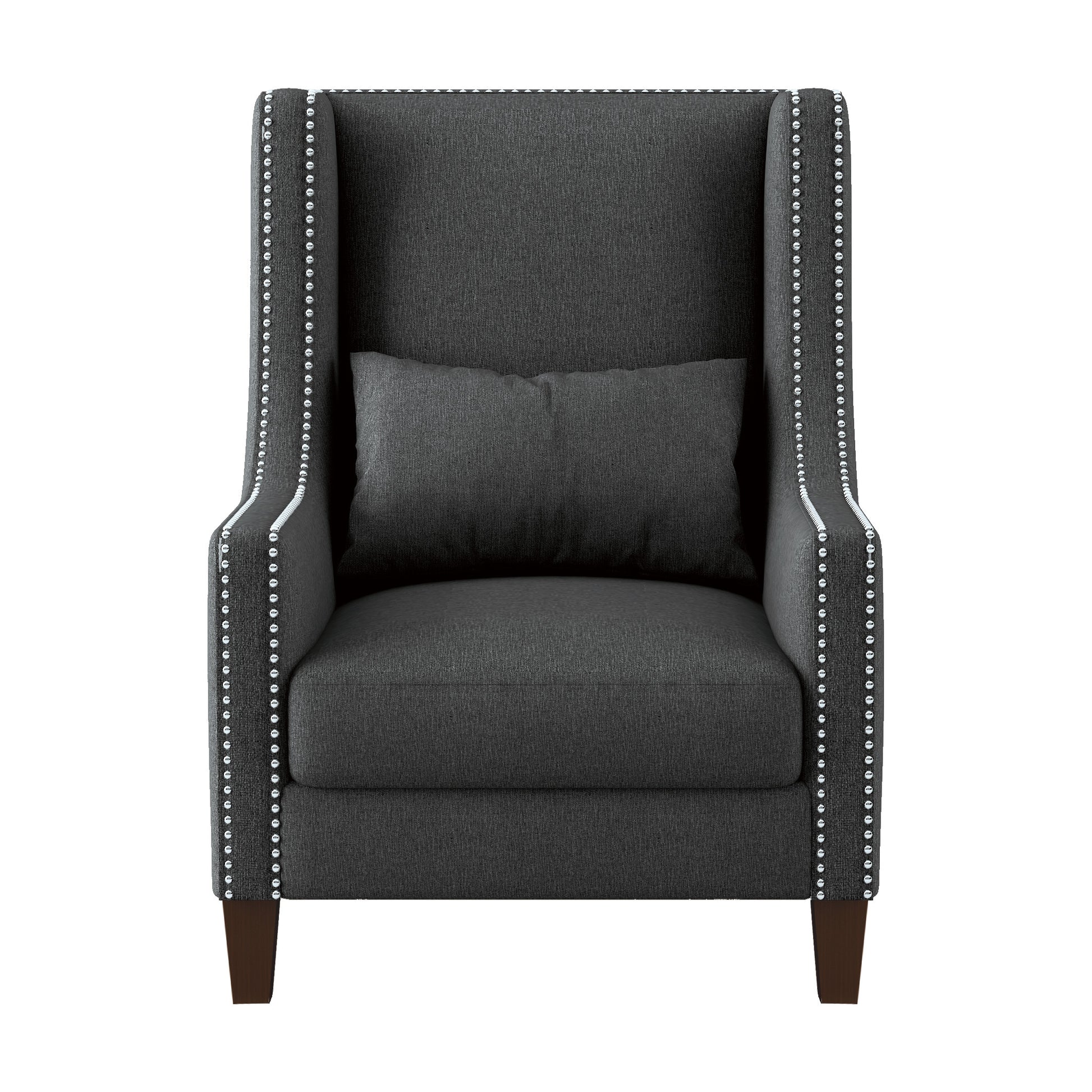 Dark gray wingback accent chair with silver nailhead trim and matching pillow