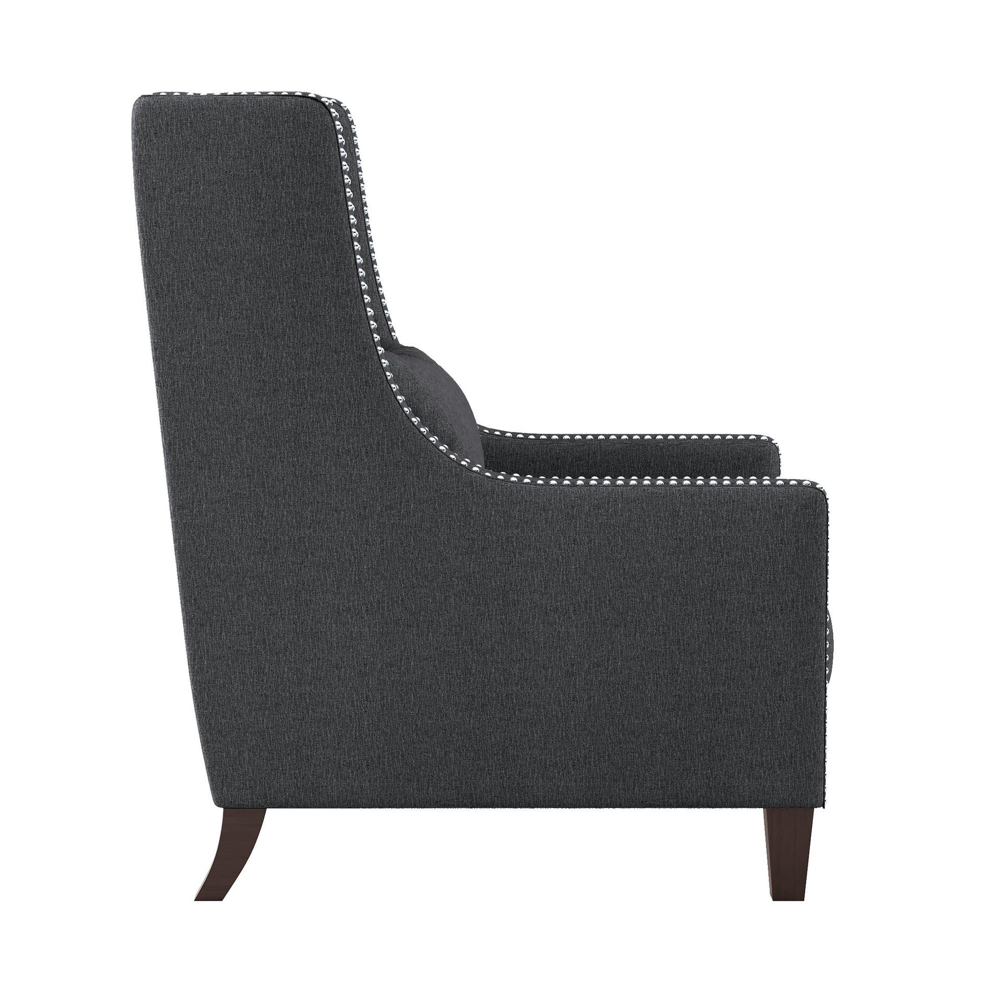 Dark gray fabric accent chair with silver nailhead trim and dark wood legs