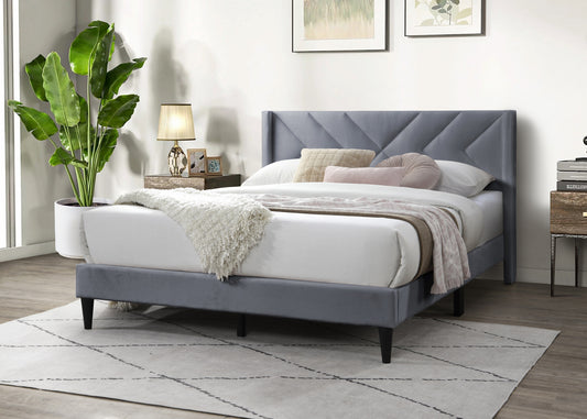 TREATLIFE HOME Queen Size Bed with Velvet Upholstery and Geometric Headboard, Modern Design, Gray Color