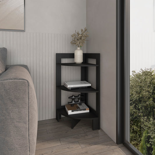 Black threetier corner shelf with books and decorative object