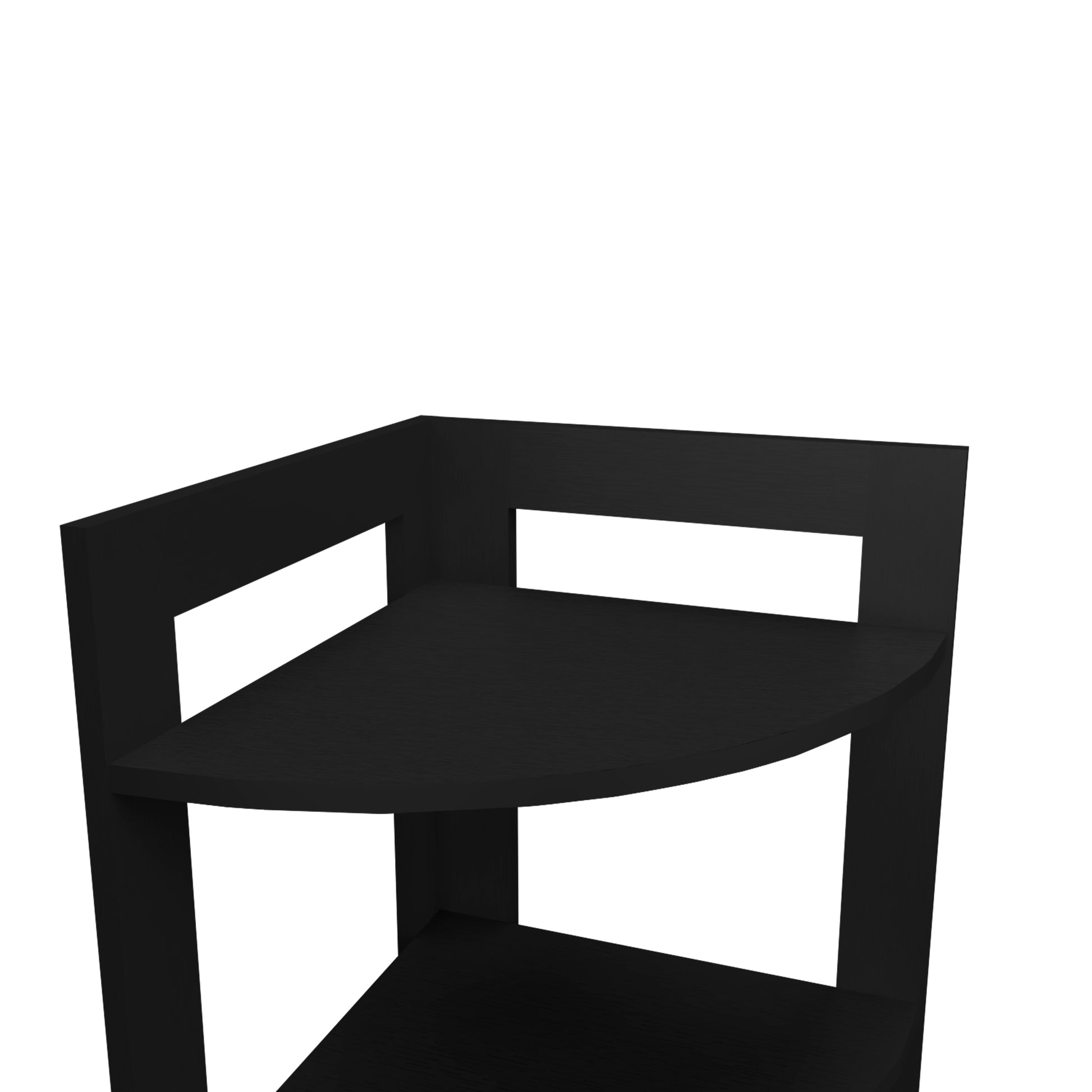 Sleek black corner shelf with modern cutouts for stylish storage