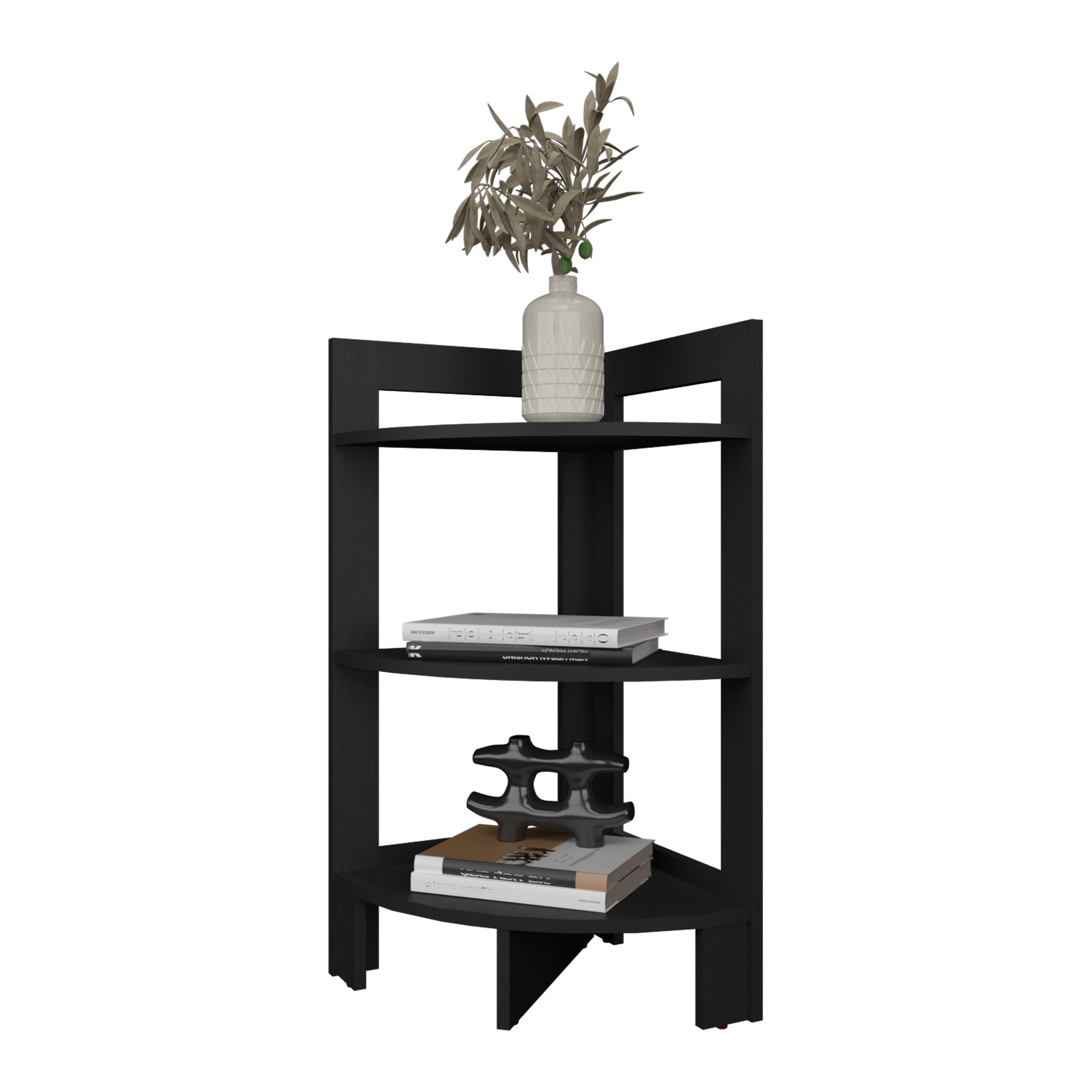 Black threetier corner shelf with decorative vase and books