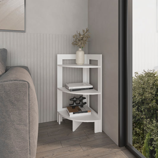 White tier corner shelf with books and decorative object