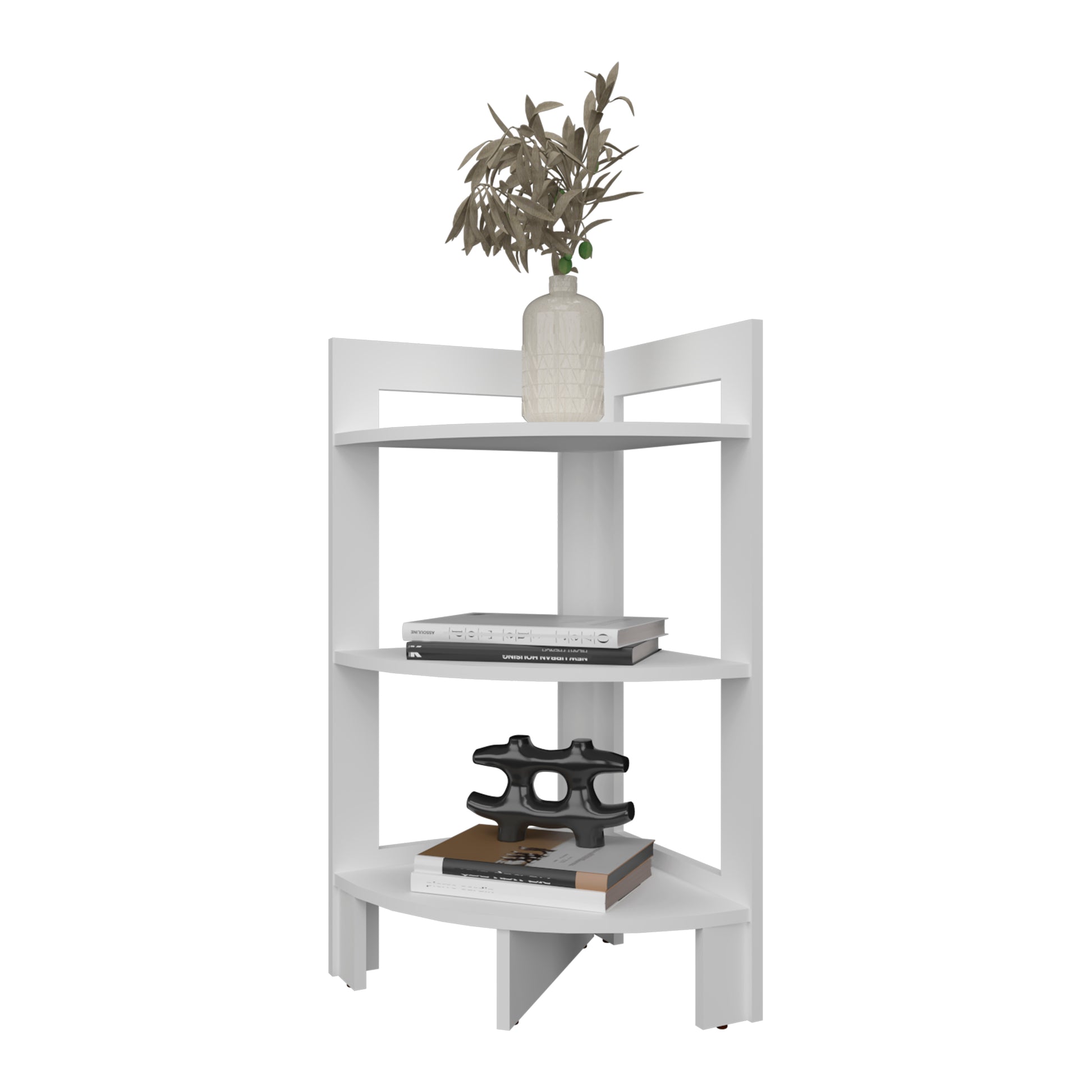 White threetier corner shelf with decorative vase and books