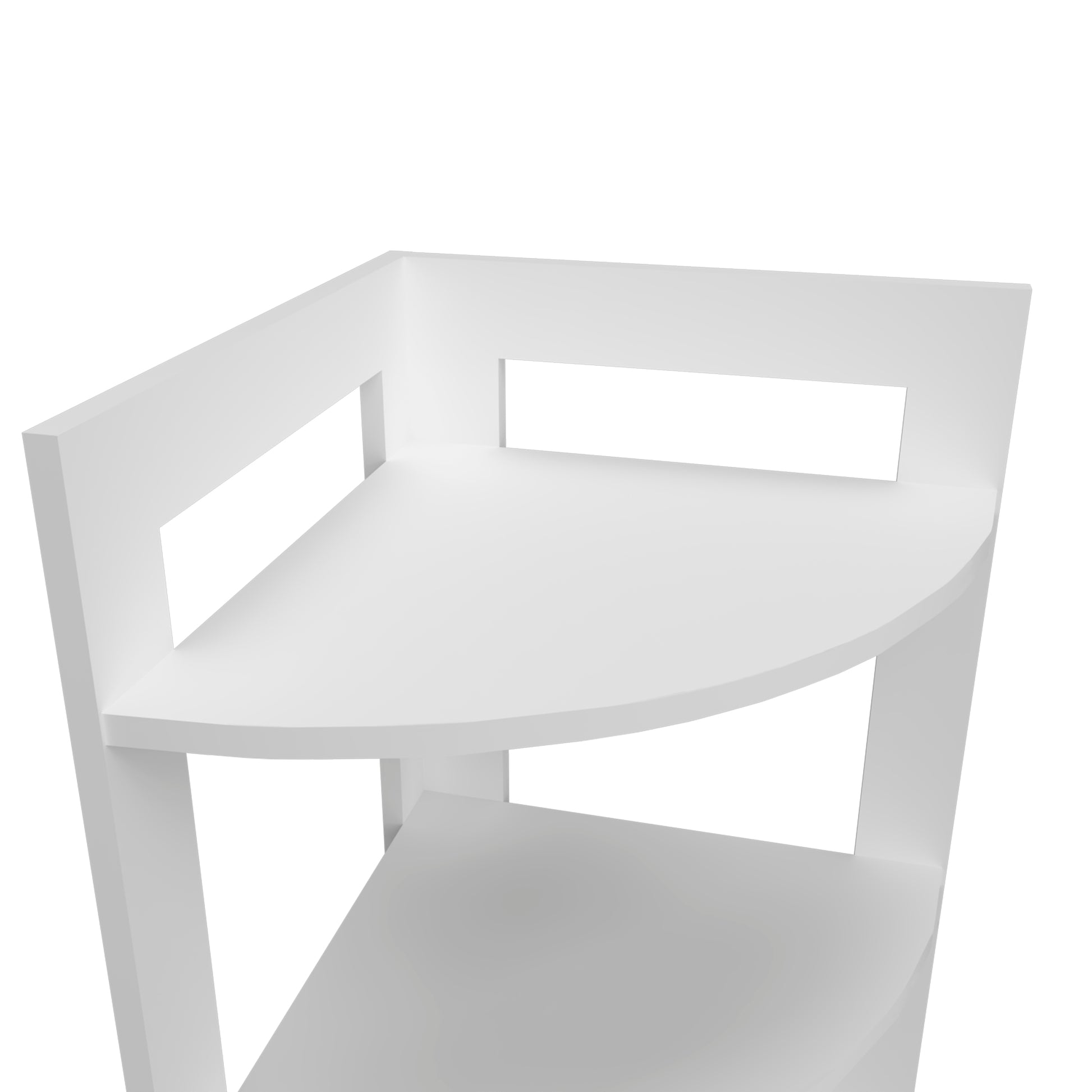 White modern corner shelf with two tiers and cutout accents