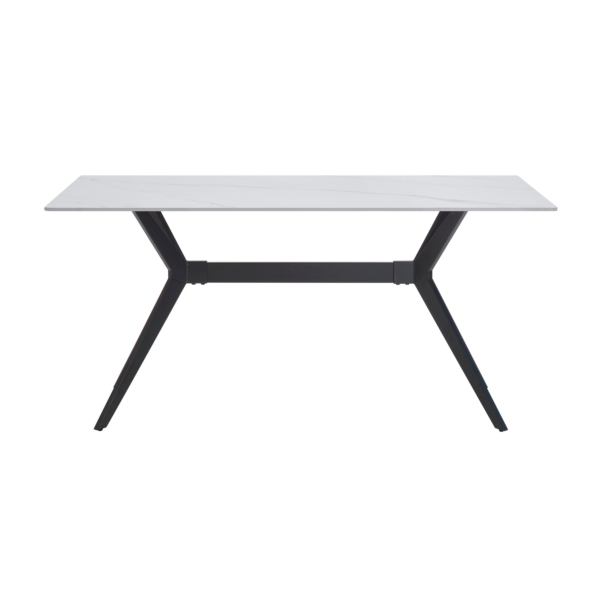 Rectangular white ceramic dining table with dark metal geometric legs