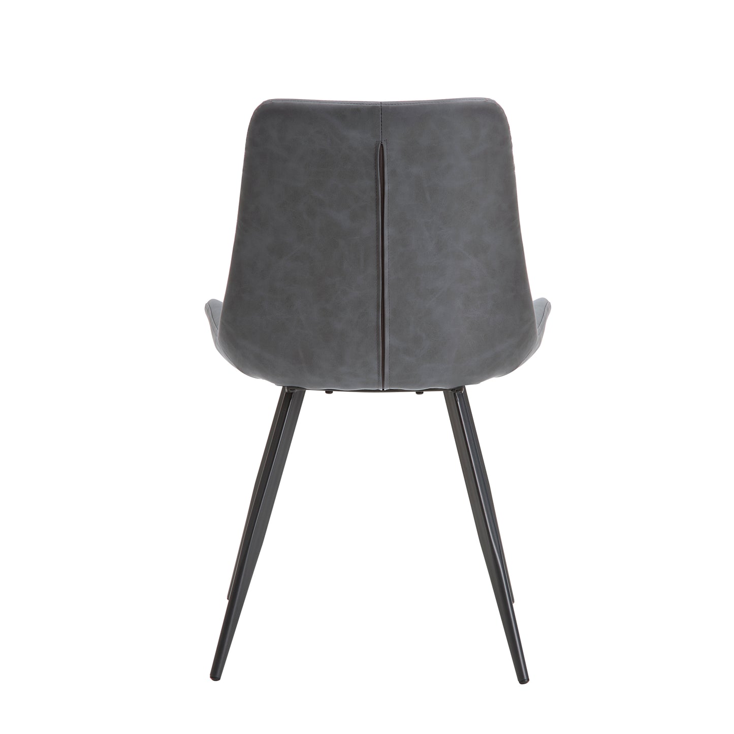 Back view of a gray faux leather dining chair with black metal legs