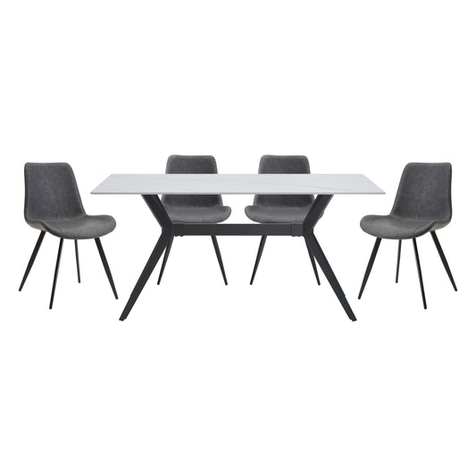 Modern white marble dining table with four dark grey faux leather chairs