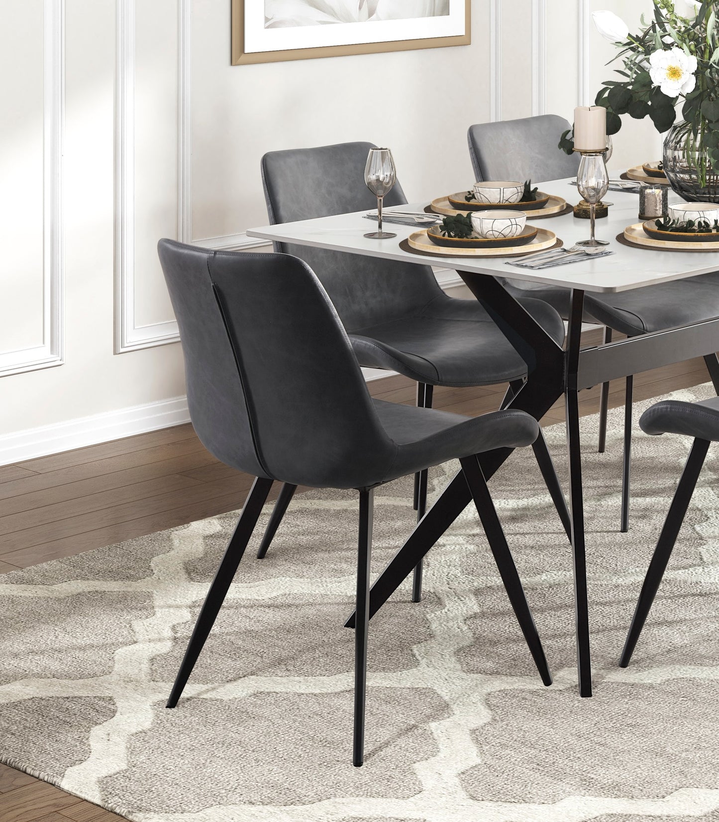 Dark grey faux leather dining chairs with black metal legs set of