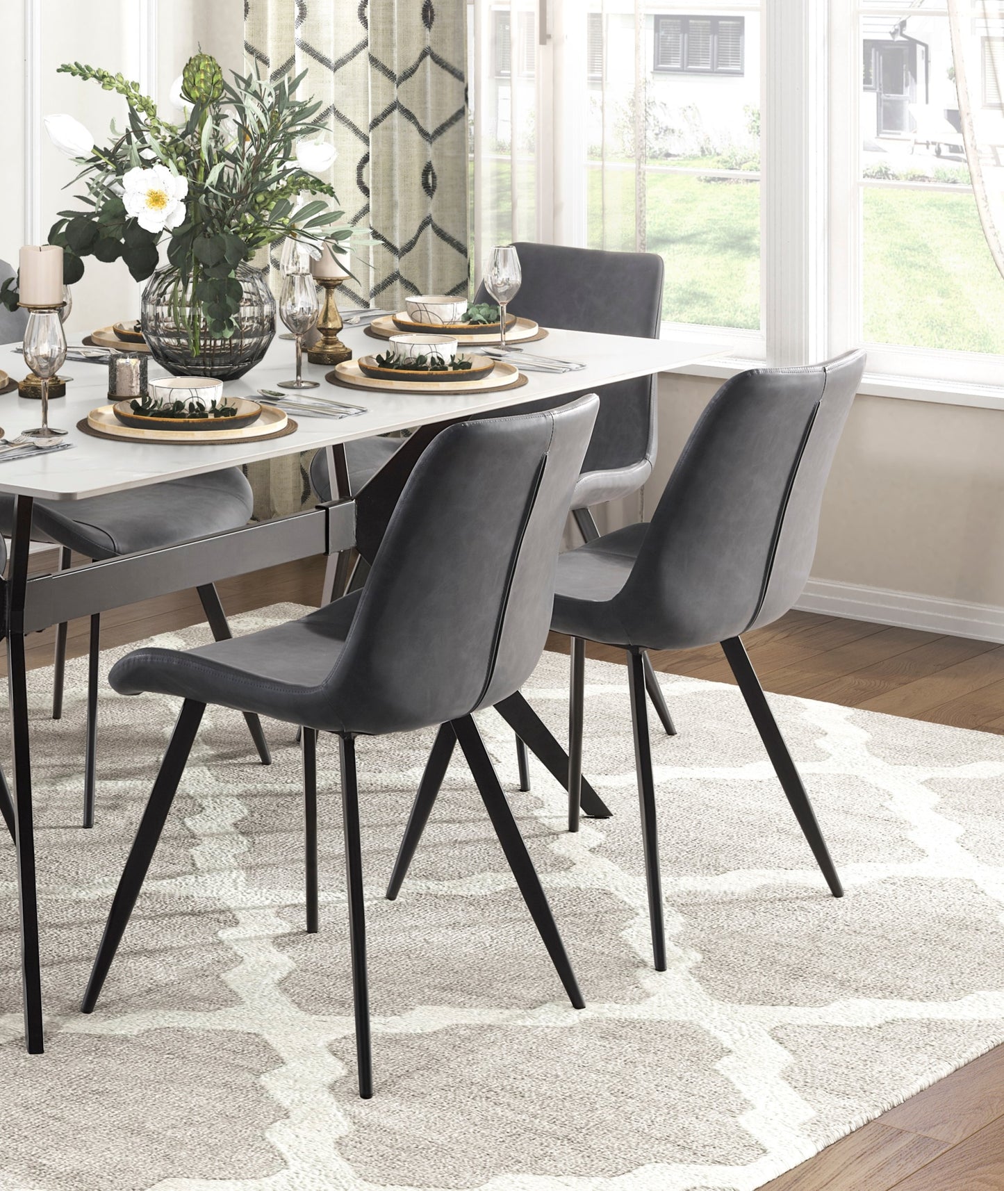Grey faux leather dining chairs with black metal legs set of