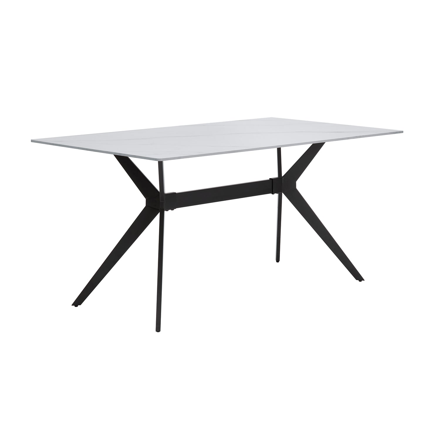 Modern rectangular dining table with a white marble top and black geometric metal legs