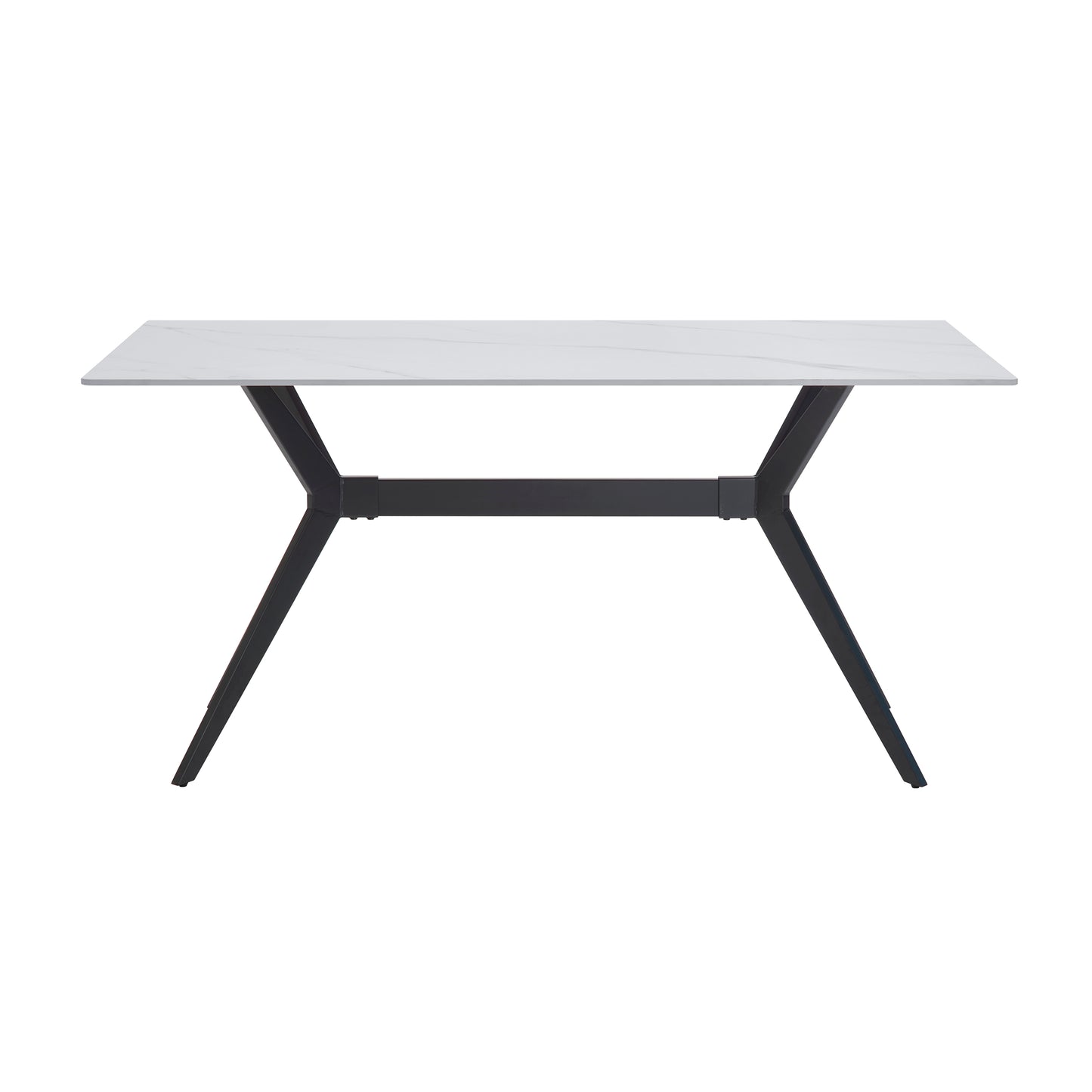 Modern rectangular dining table with white marbleeffect ceramic top and black metal legs