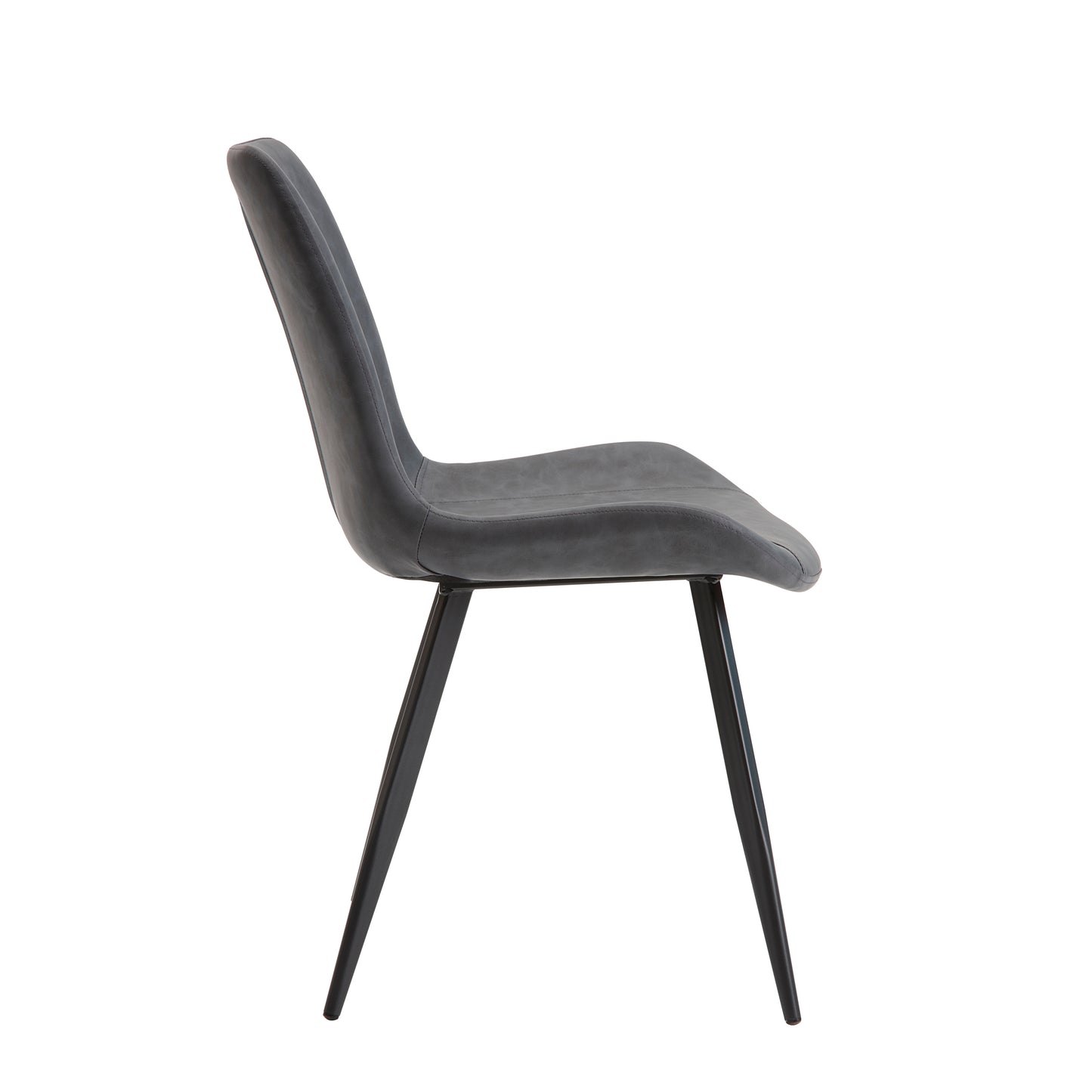 Sleek modern accent chair in dark grey faux leather with black metal legs