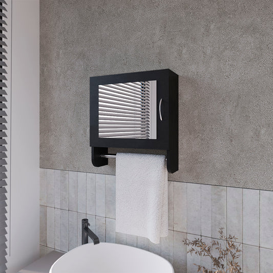 Black modern medicine cabinet with integrated towel bar and white towel