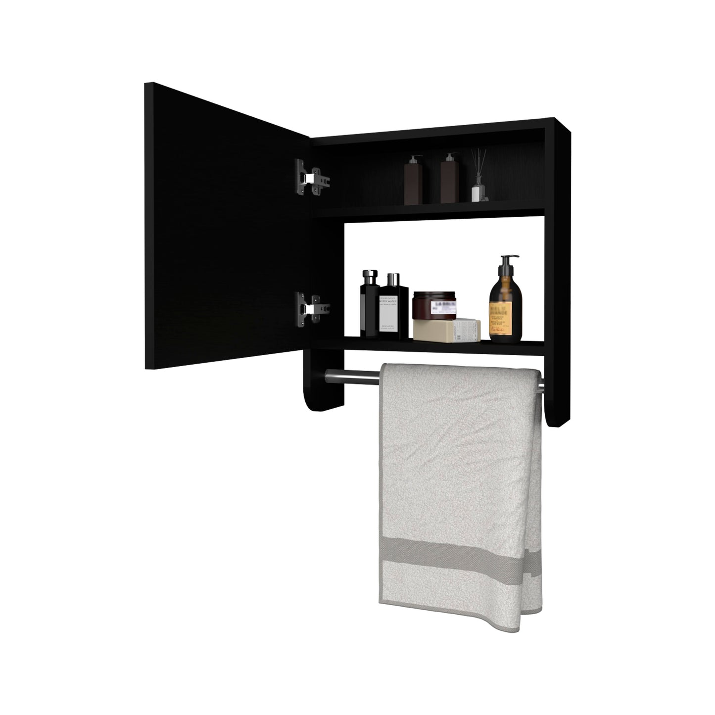 Black modern wall cabinet with open door holding toiletries and a towel