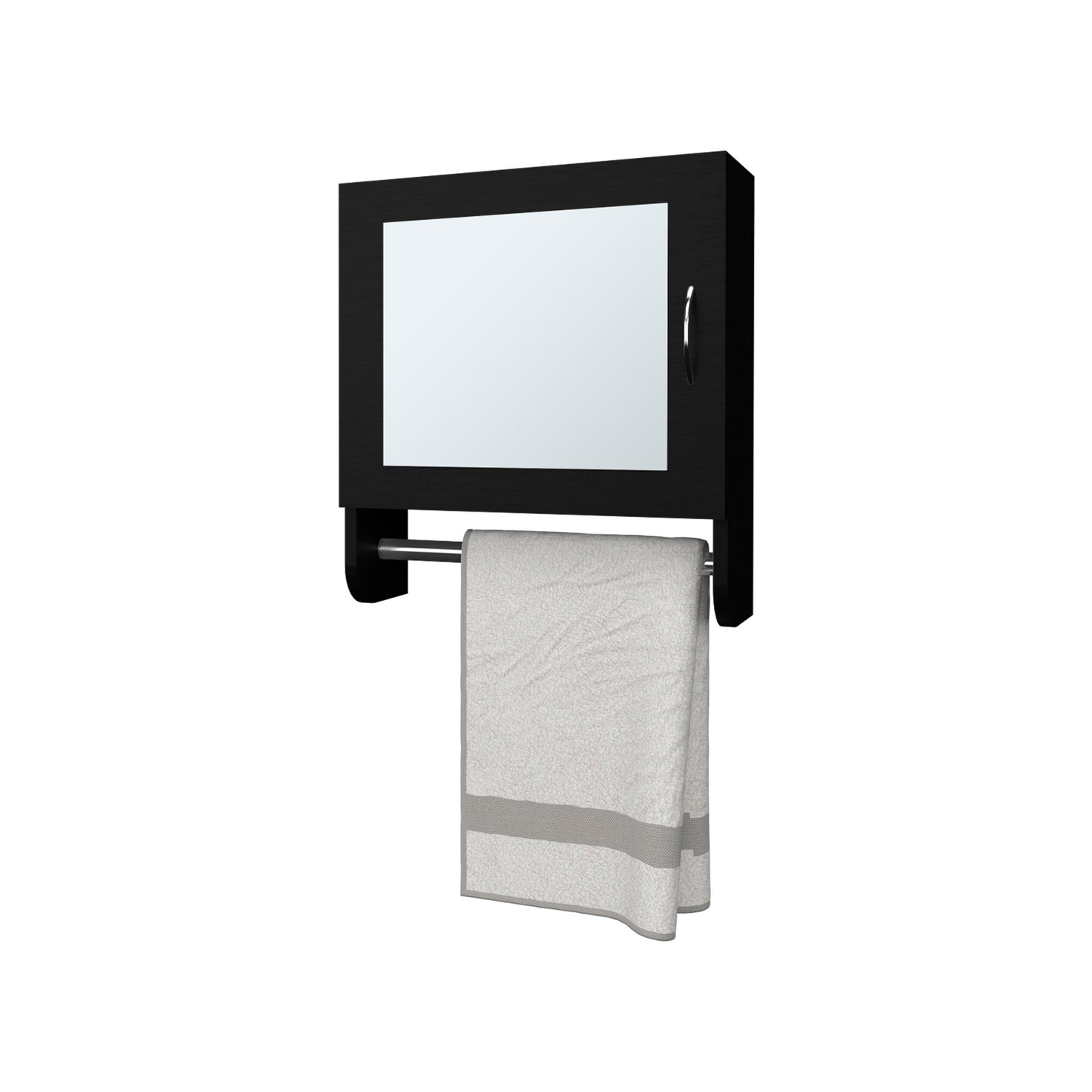 Black bathroom medicine cabinet with mirrored door and towel bar