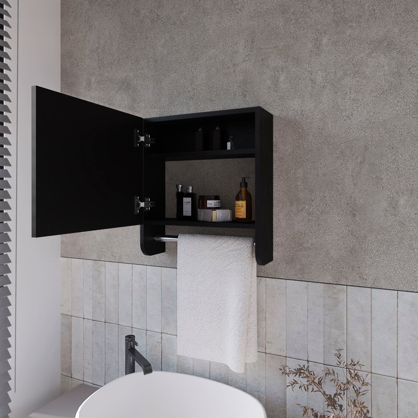 Black modern medicine cabinet with open door steel towel bar and white towel