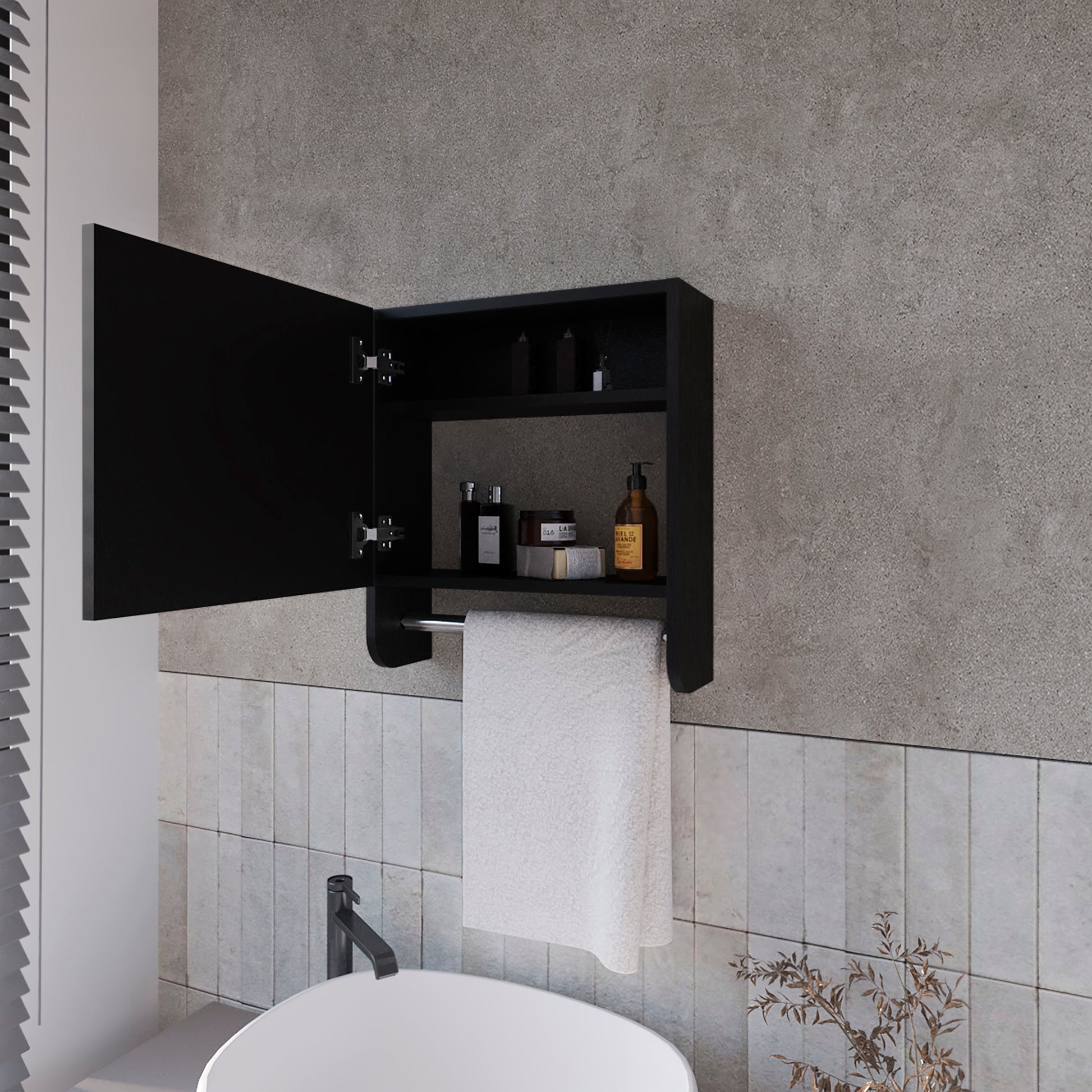 Black modern medicine cabinet with open door steel towel bar and white towel
