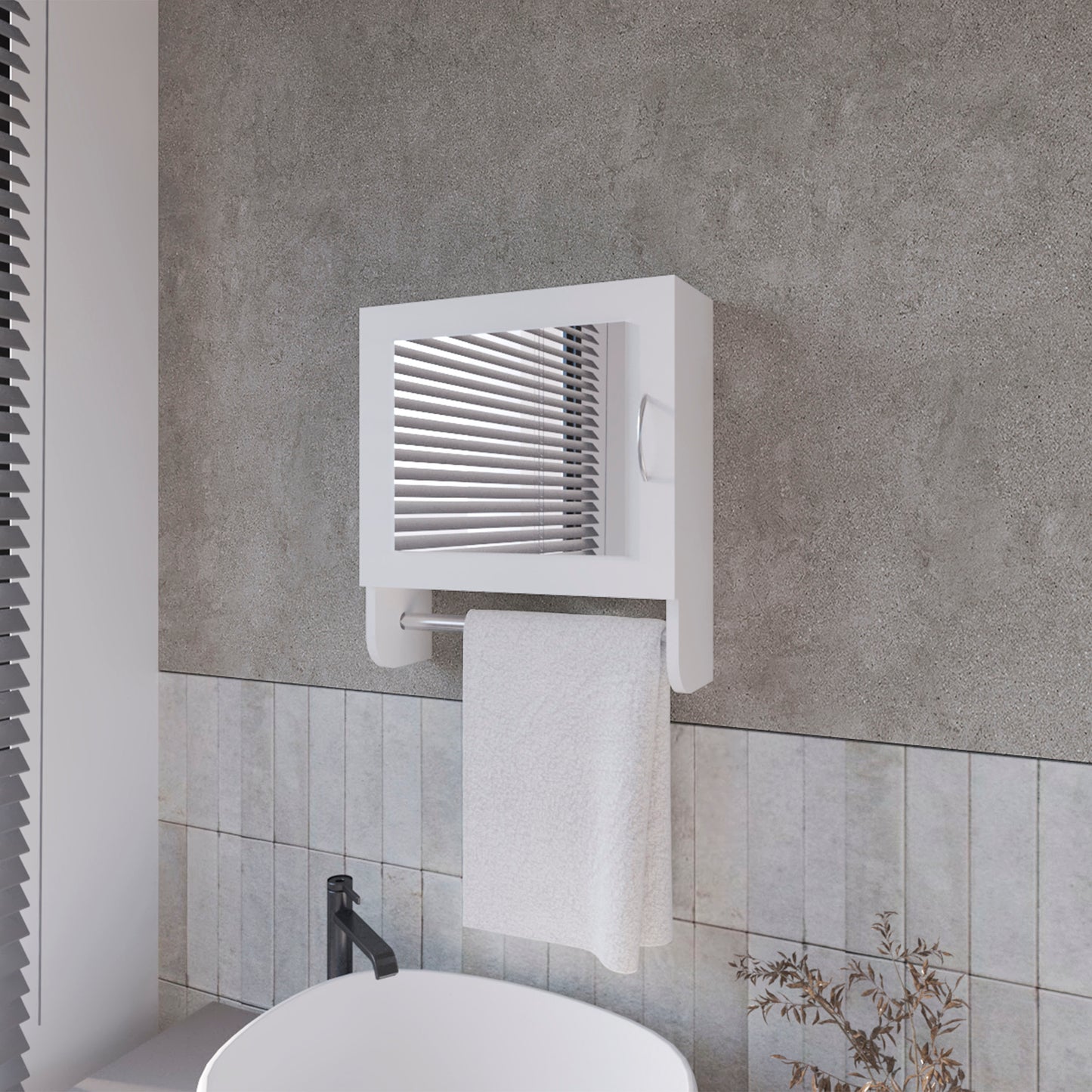 Modern white bathroom cabinet with integrated towel bar and mirror