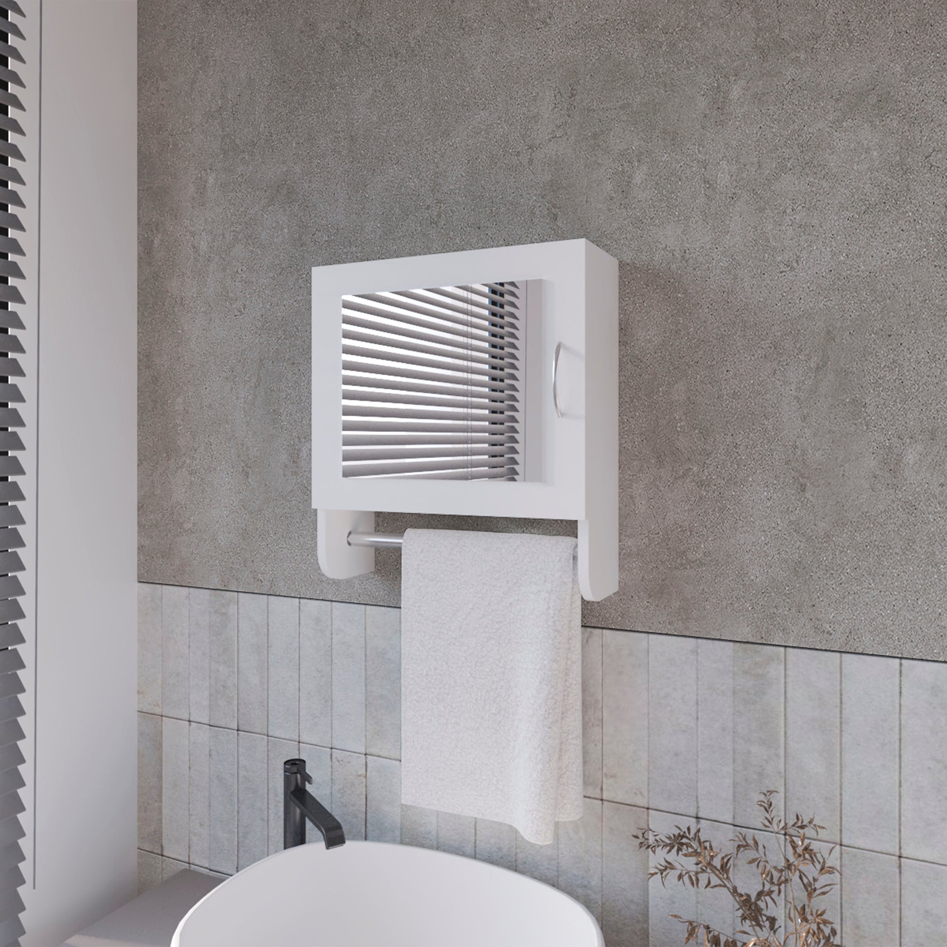 Modern white bathroom cabinet with integrated towel bar and mirror