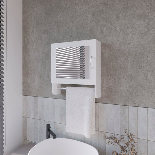 Modern white bathroom cabinet with integrated towel bar and mirror