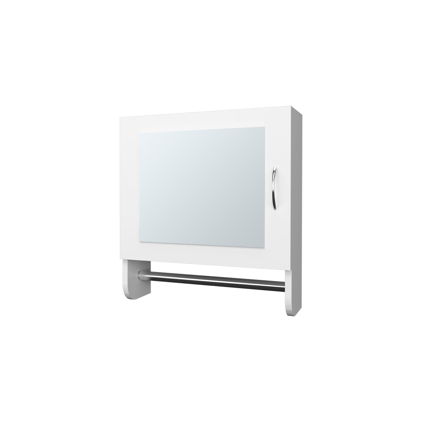 White bathroom cabinet with mirrored door and chrome towel bar
