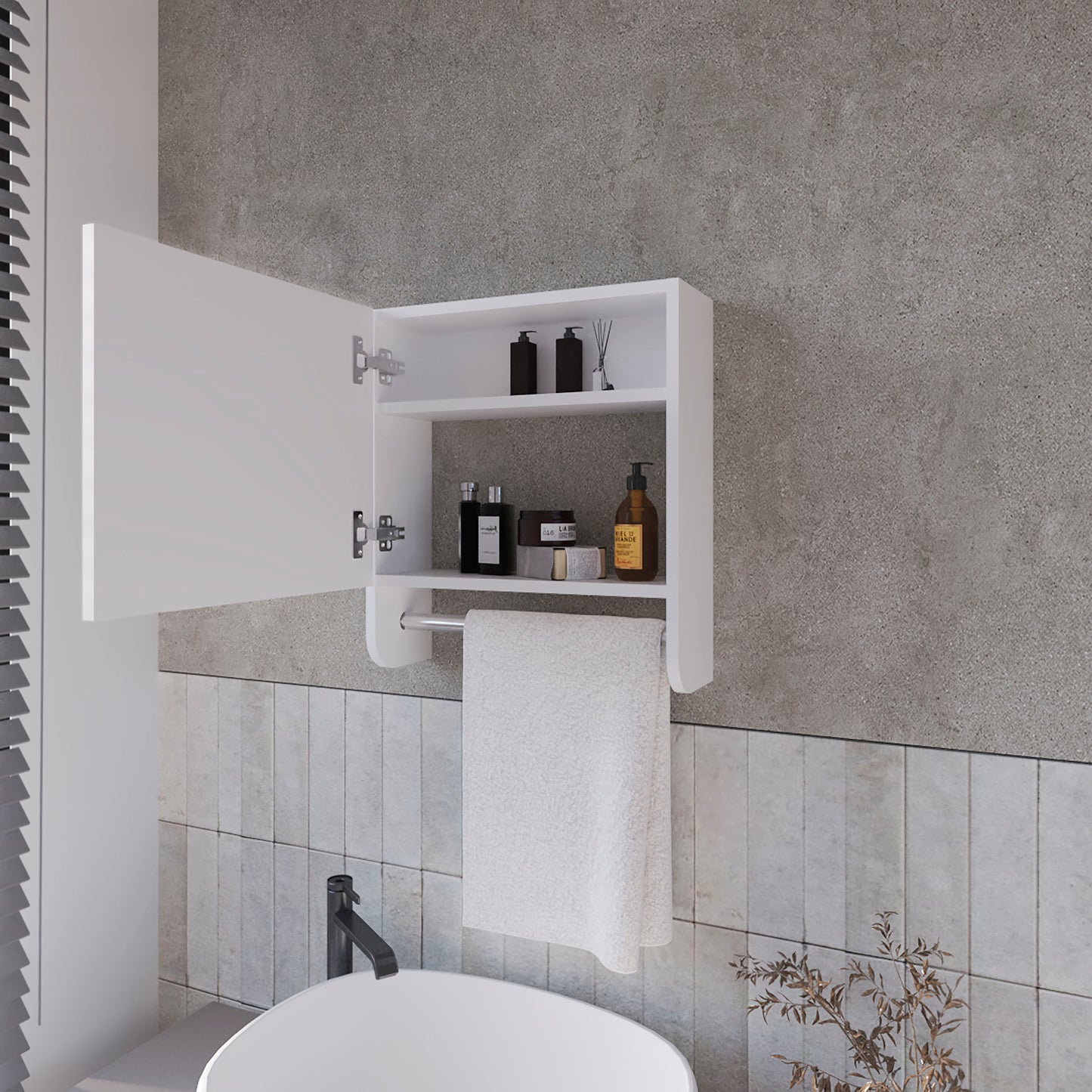 White medicine cabinet with open door displaying toiletries and a towel bar below