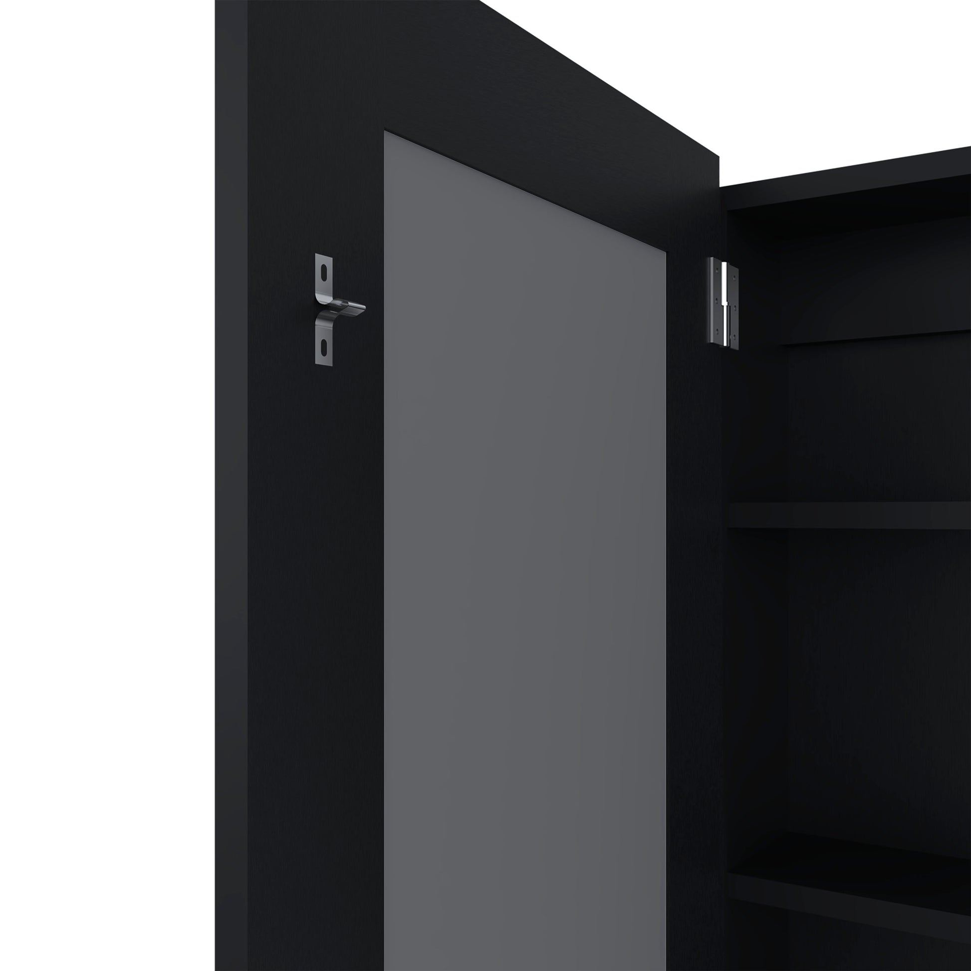 Closeup of a black modern bathroom medicine cabinet with a mirrored door ajar revealing shelves
