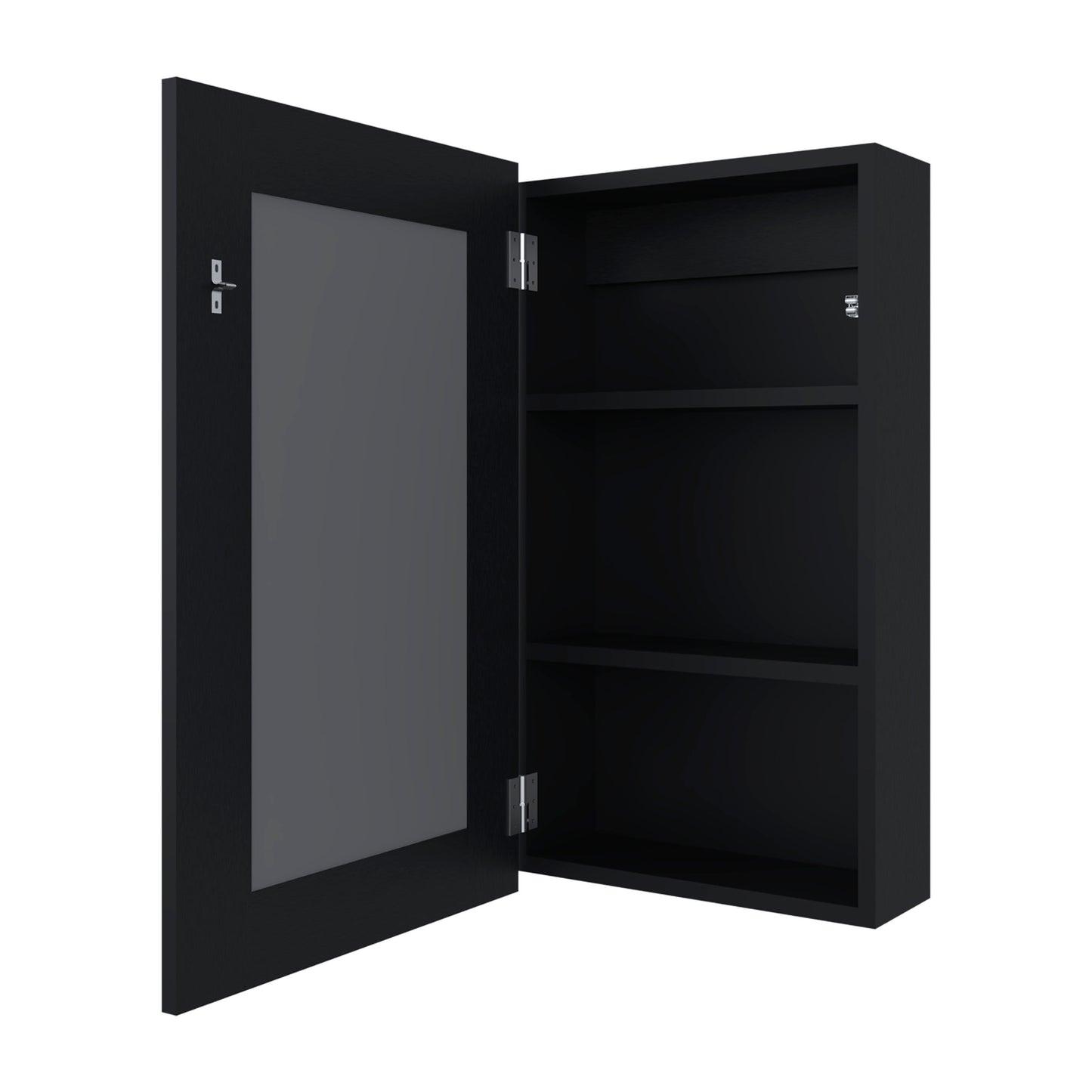 Black medicine cabinet with mirrored door open to reveal shelves