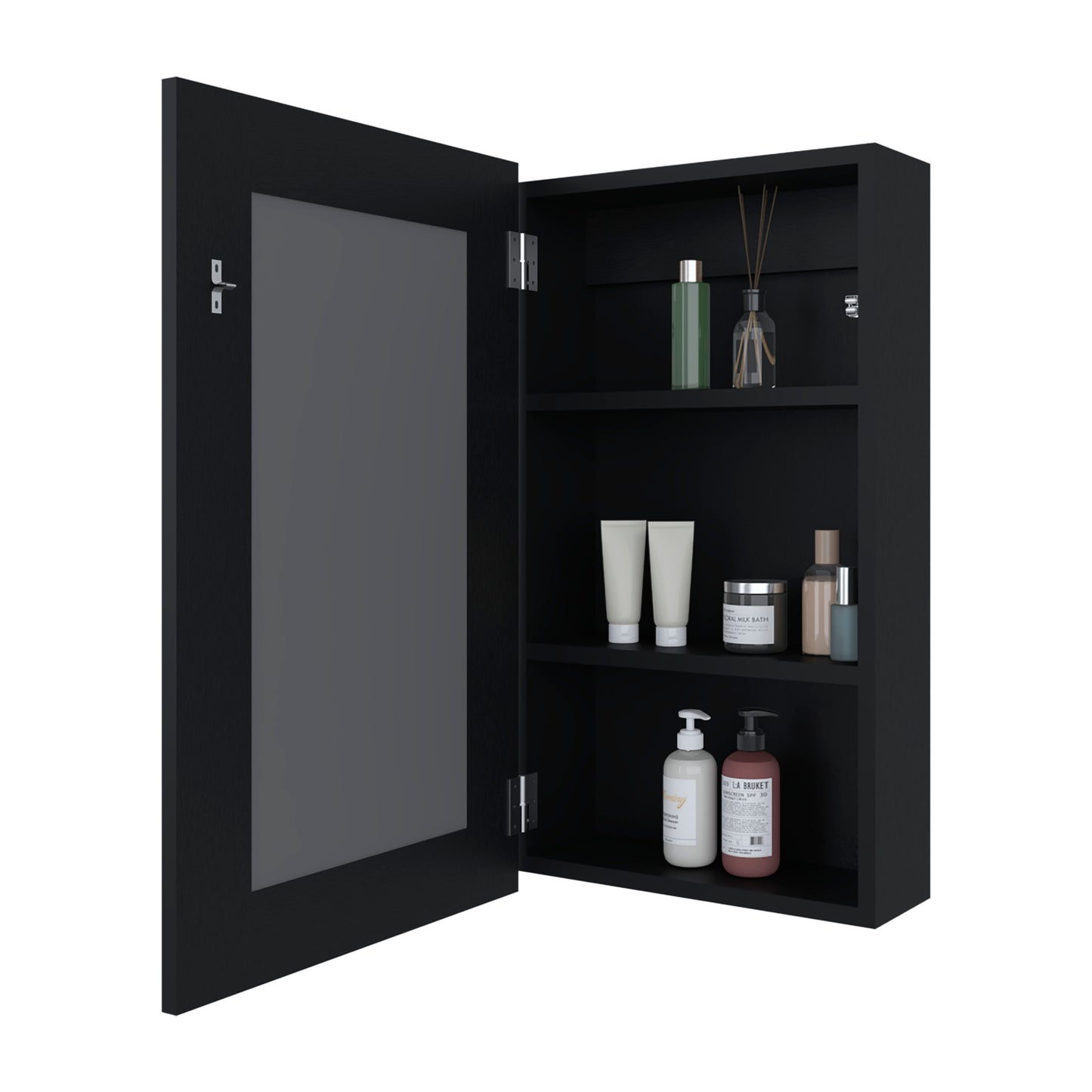 Black modern medicine cabinet with mirrored door showcasing bathroom toiletries on shelves