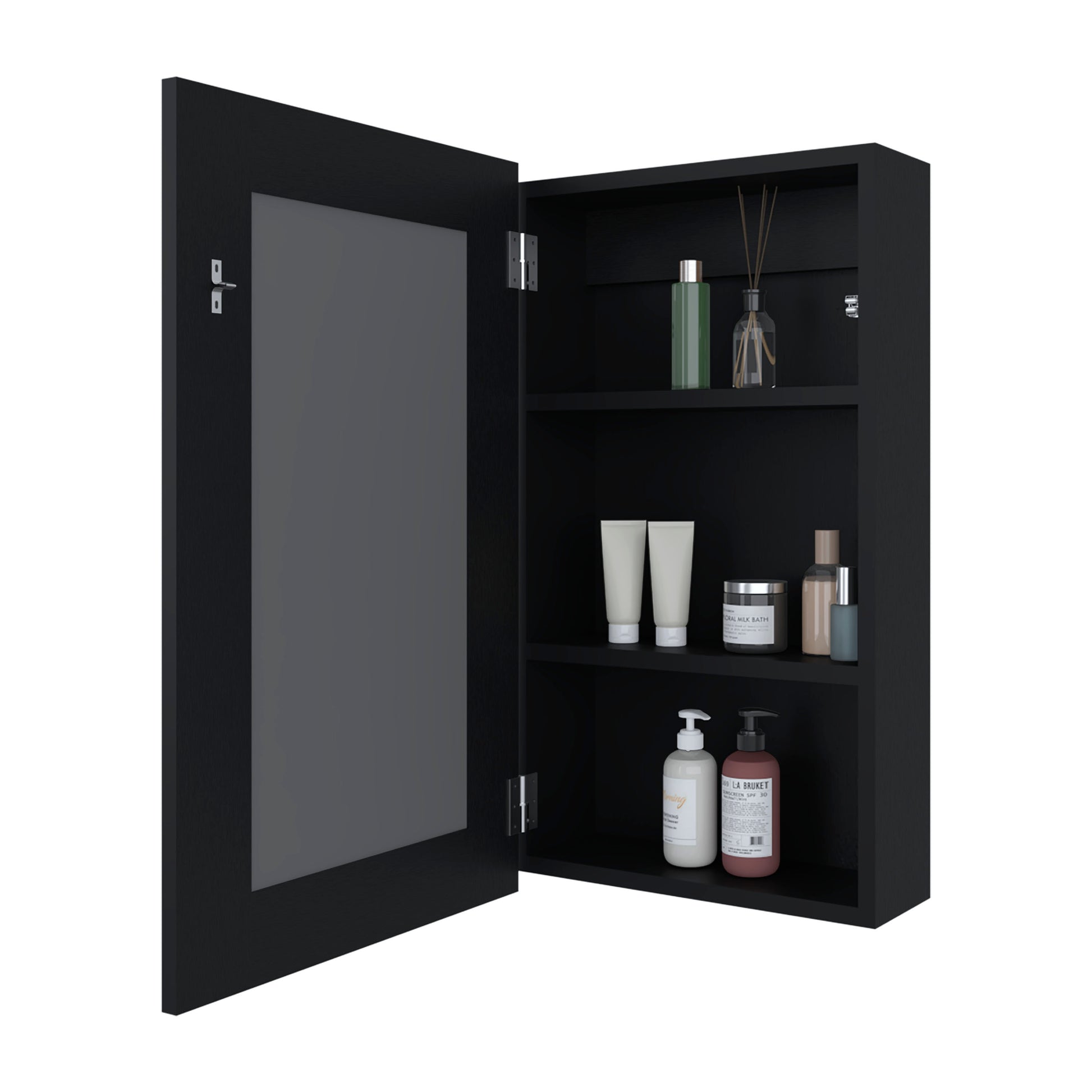 Black modern medicine cabinet with mirrored door showcasing bathroom toiletries on shelves