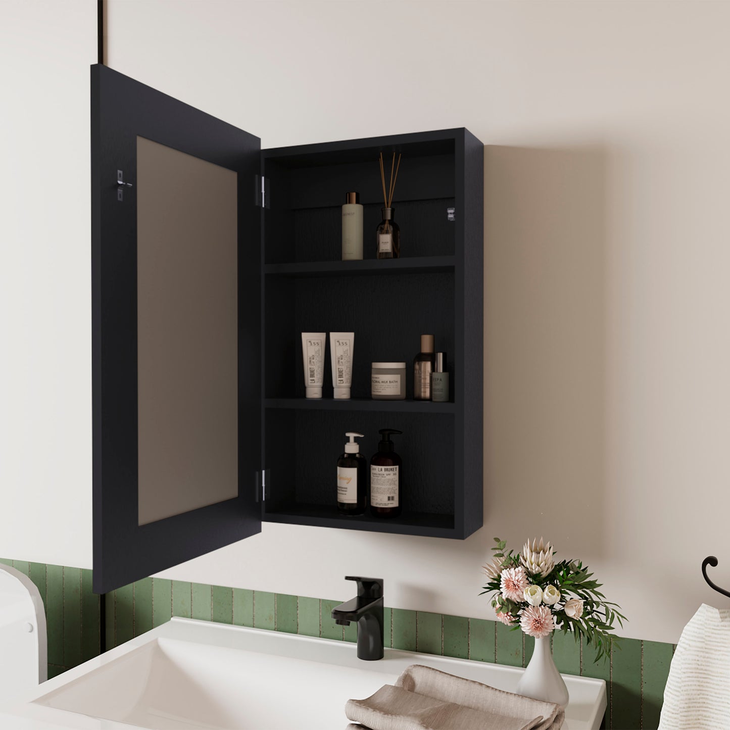 Dark wood medicine cabinet with mirrored door and open shelves storing toiletries