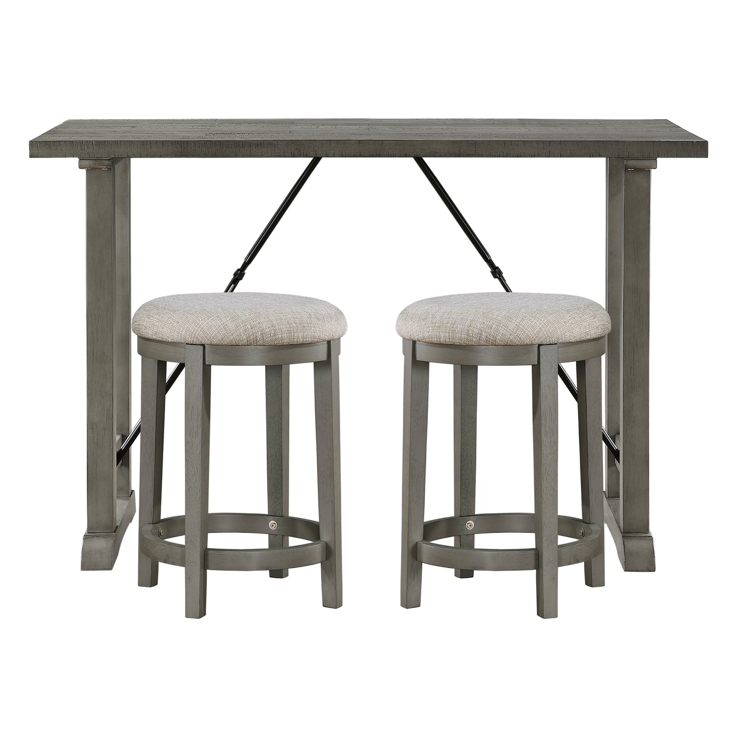 Gray wood counter height table set with two upholstered stools