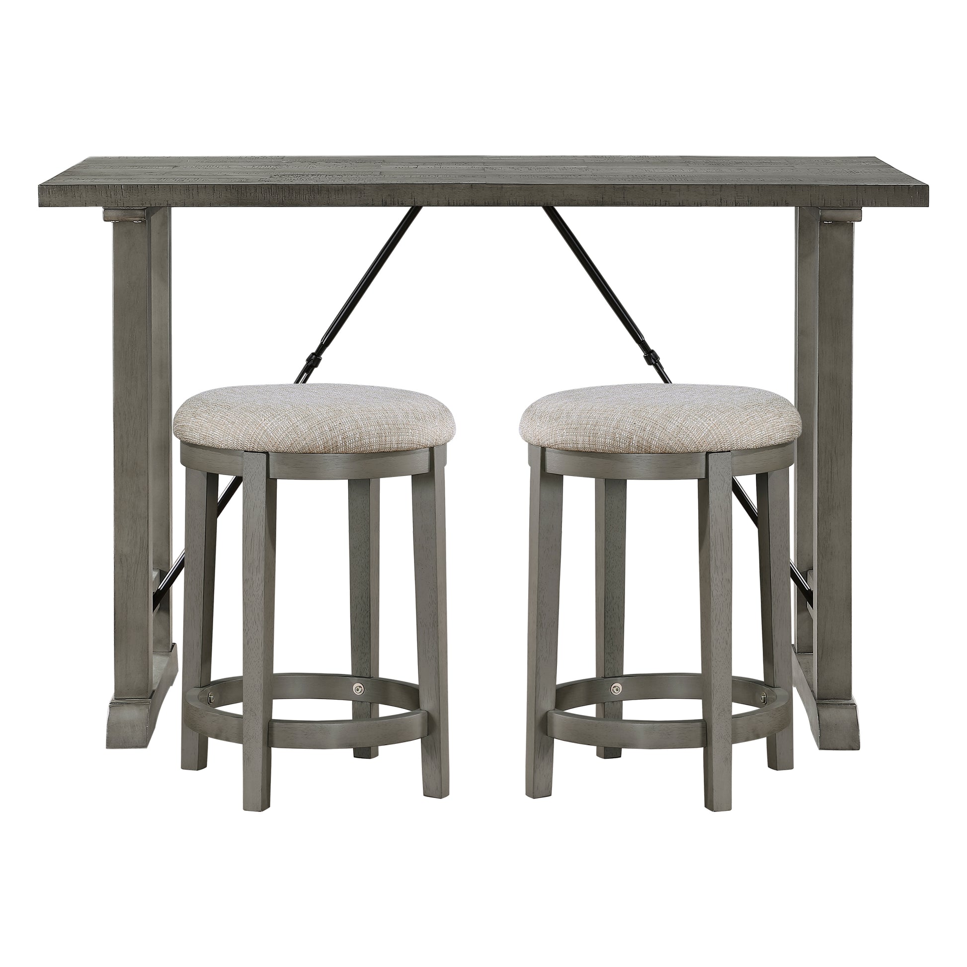 Gray wood counter height table set with two upholstered stools