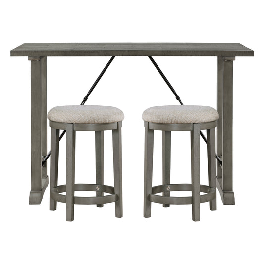Gray wood counter height table set with two upholstered stools