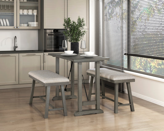 Grey wood dining set with upholstered benches for a breakfast nook