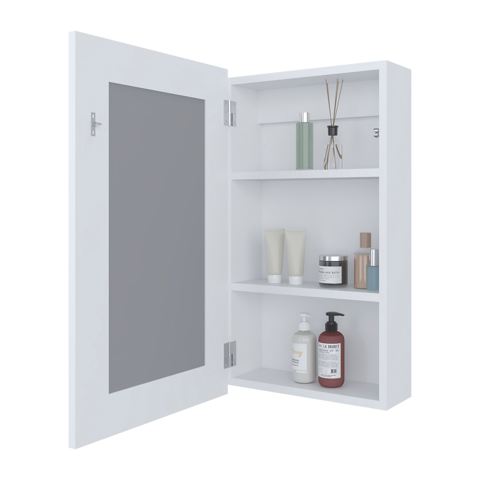 White wallmounted medicine cabinet with mirrored door open displaying toiletries