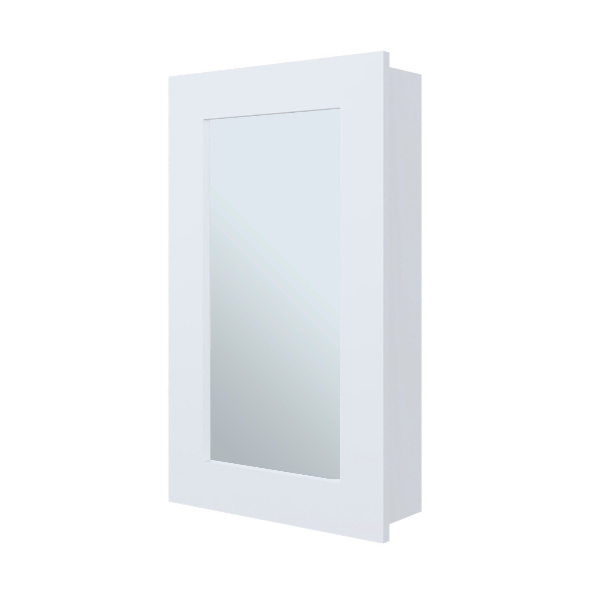 White recessed medicine cabinet with mirrored door and sleek frame