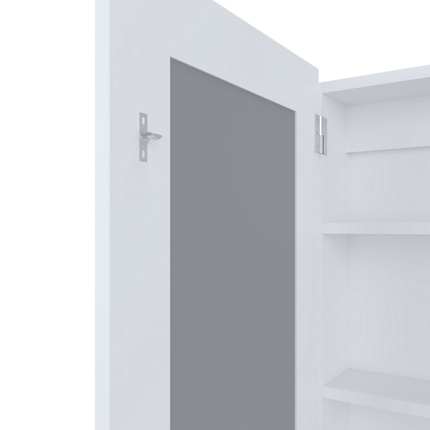 White modern medicine cabinet with mirrored door and visible interior shelves