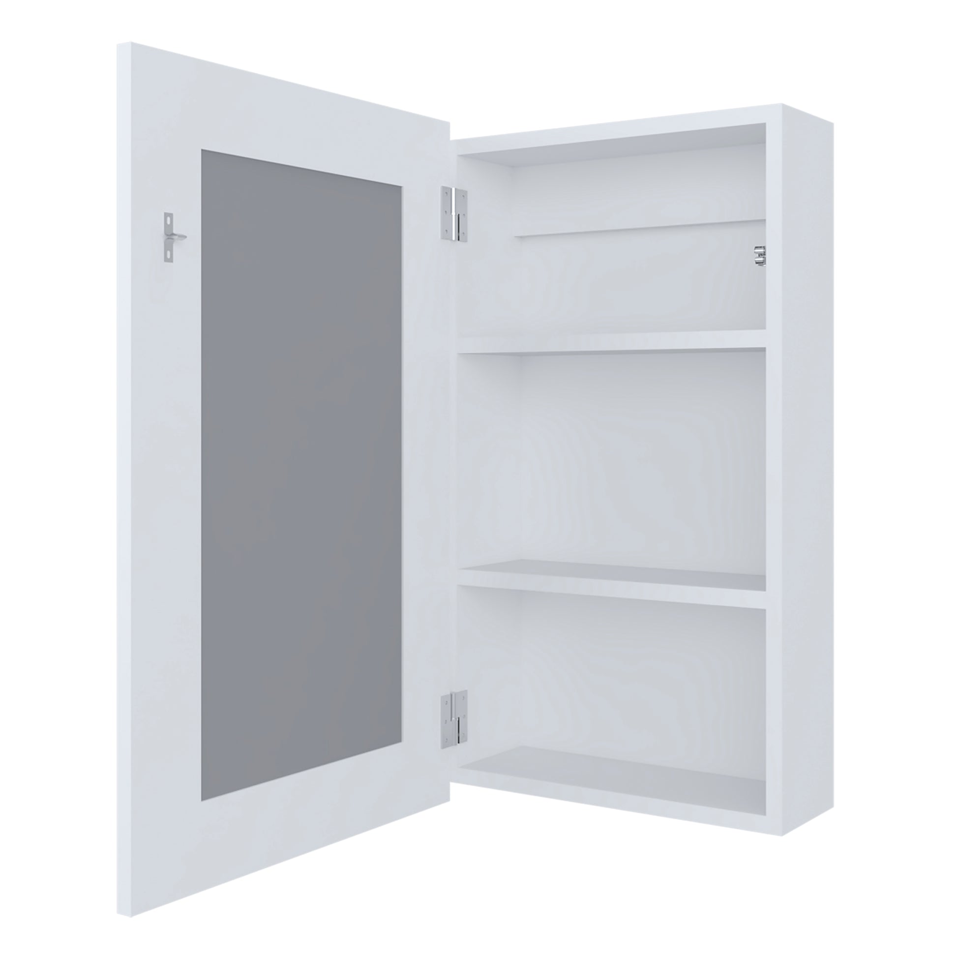 White medicine cabinet with mirrored door and two interior shelves