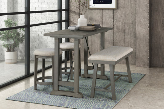 Gray wood pub table with upholstered stools and matching bench