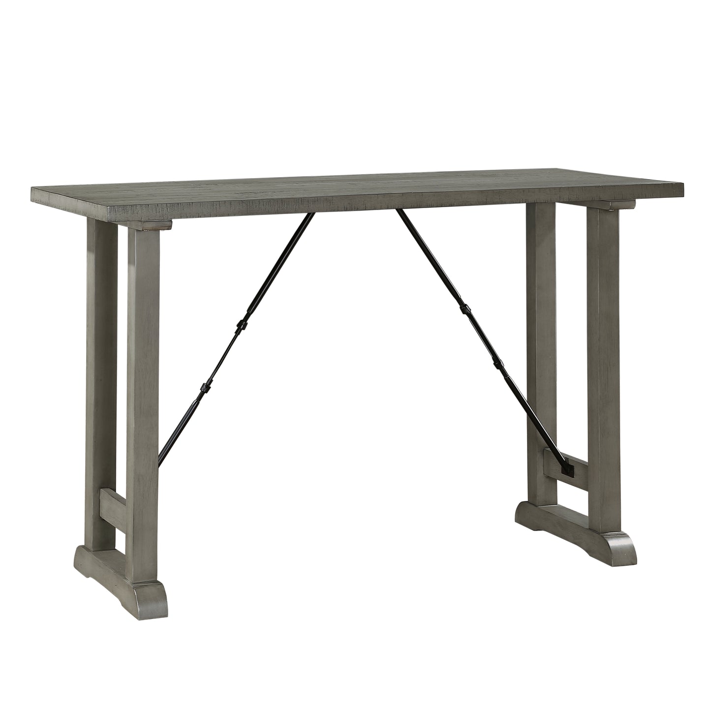 Rustic grey wood console table with metal cross bracing and straight legs