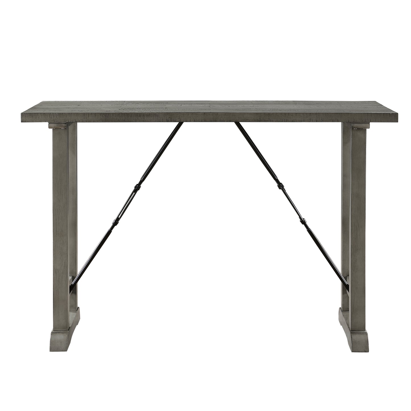 Gray wood console table with metal cross brace support for entryway