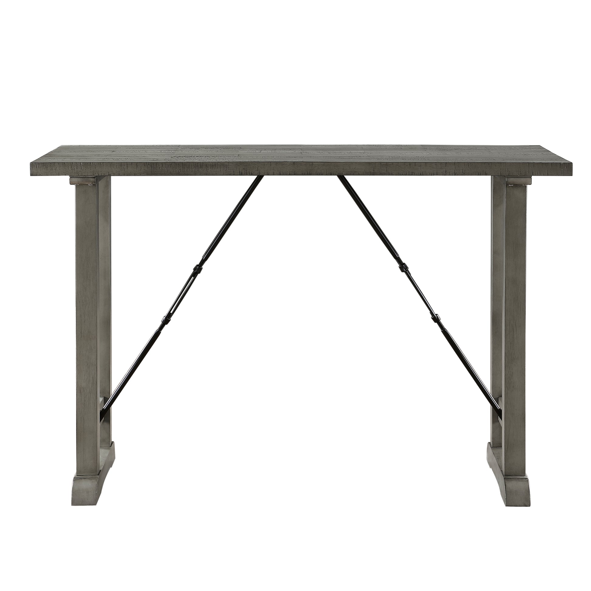 Gray wood console table with metal cross brace support for entryway